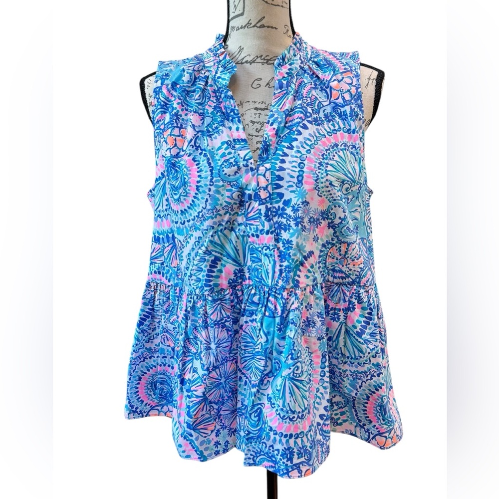 Lilly Pulitzer Blouse Novella Ruffle Hem Tank Top Women’s Size Large NWT - Picture 2 of 16